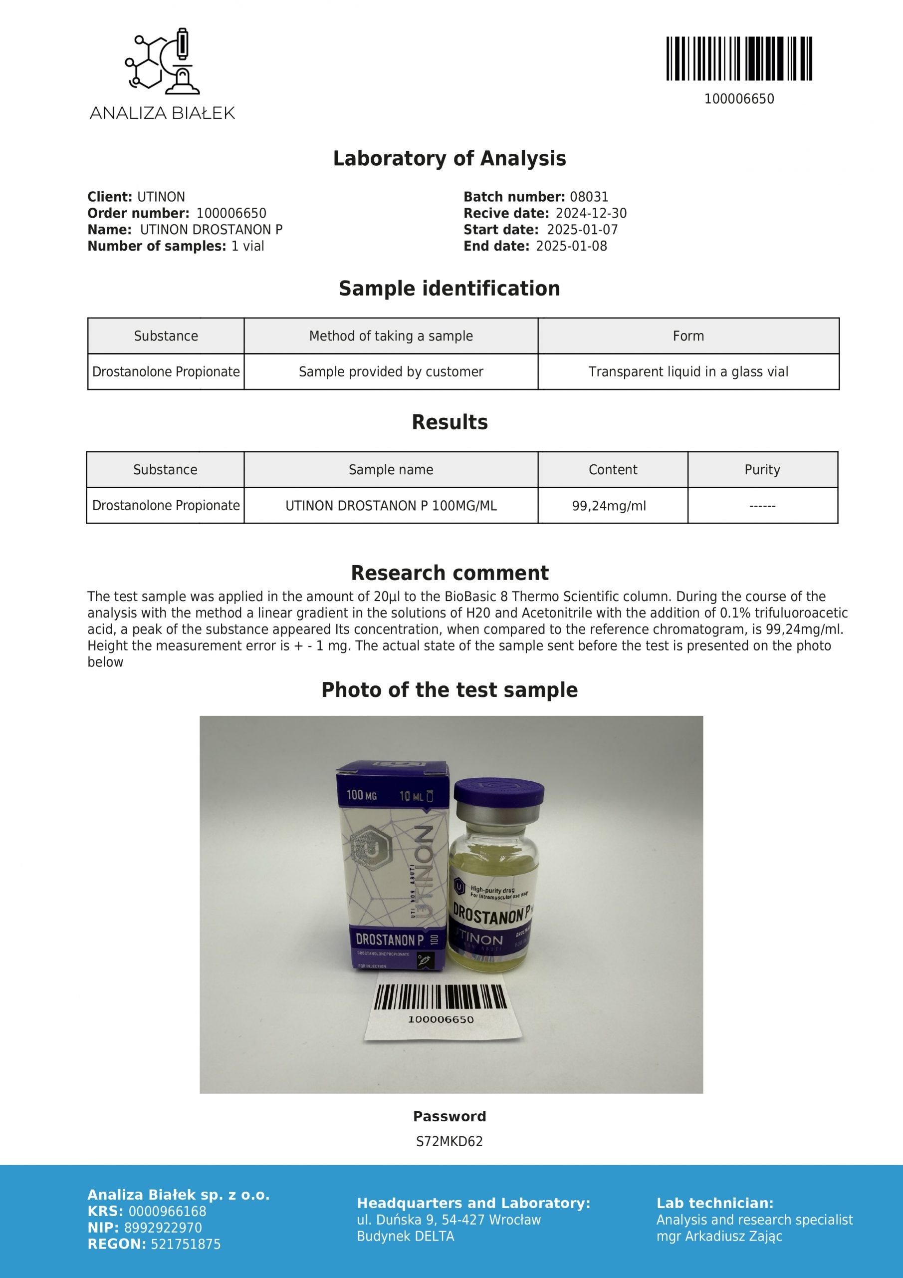 UTINON Drostanon P 100 test
