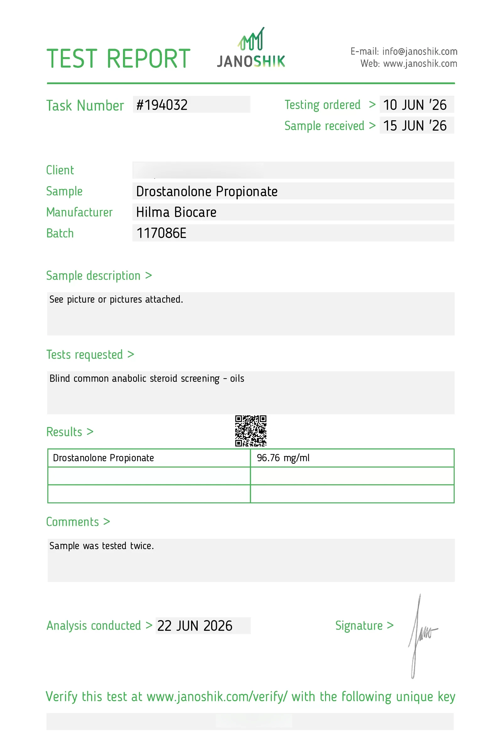 Hilma Biocare Drostanolone propionate lab test